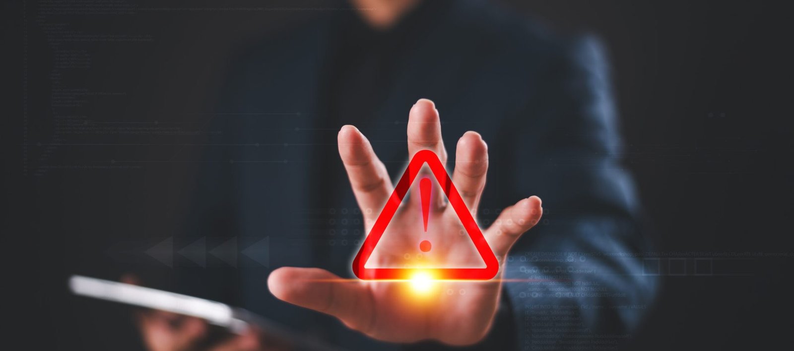 Alert warning icon concept. Developer or programmer use tablet to program access security caution triangle sign. Cybersecurity stop risk scam email on internet. Danger phishing fraud error attention